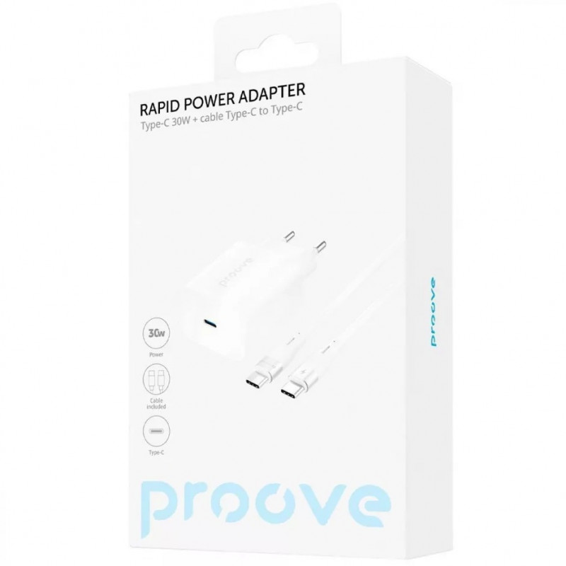 Сетевое зарядное устройство Proove Rapid 30W USB-C + Кабель Type-C to Type-C White (WCRP30012202)