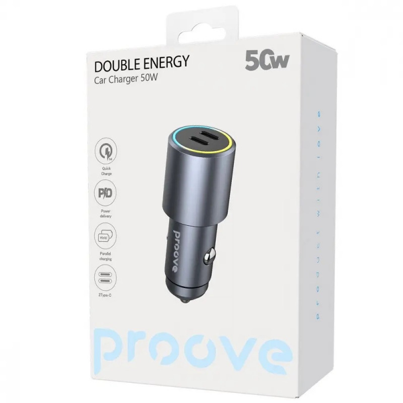 Автомобильное зарядное устройство Proove Double Energy 50W 2Type-C Metal Gray (ACDE50022206)