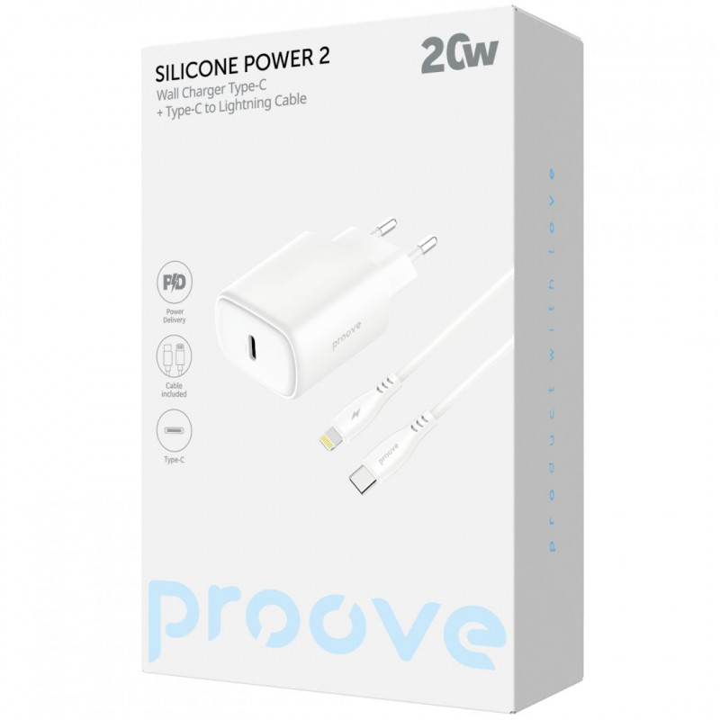 Мережевий зарядний пристрій Proove Silicone Power 2 20W (Type-C) + кабель Type-C to Lightning (1m) White (WCSP22010002)