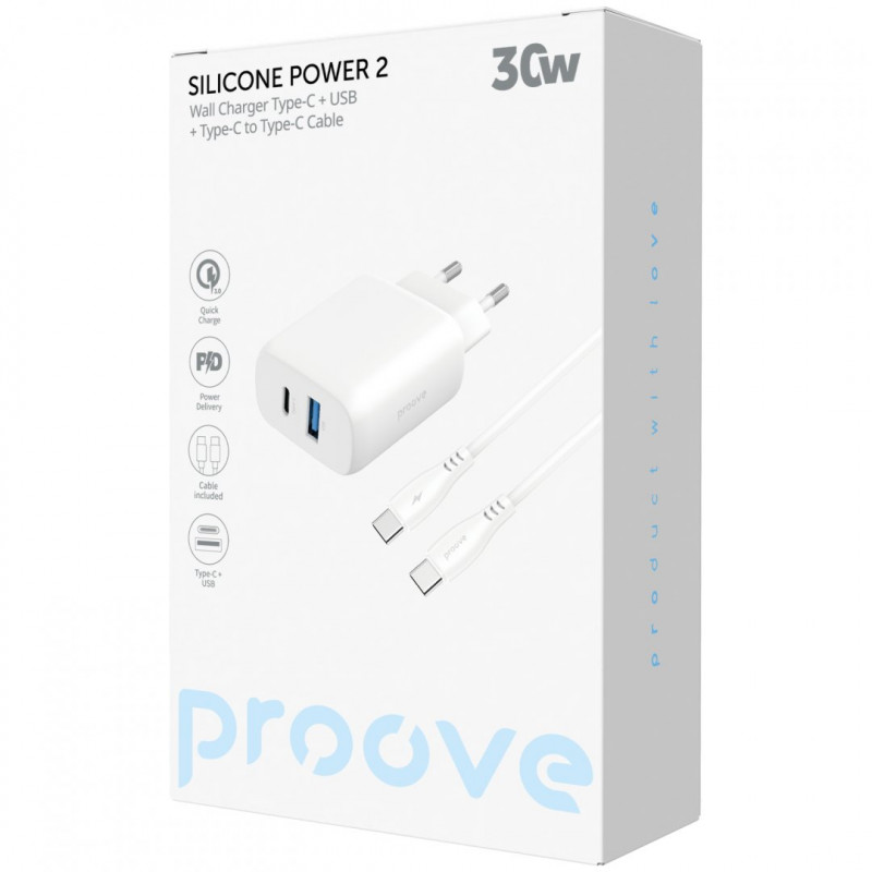Мережевий зарядний пристрій Proove Silicone Power 2 30W (Type-C + USB) + кабель Type-C to Type-C (1m) White (WCSP23011002)