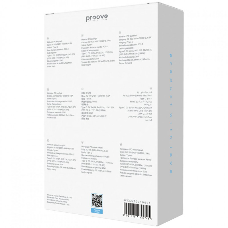 Мережевий зарядний пристрій Proove Slender 20W Type-C Black (WCSS20010001)