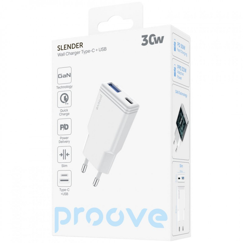 Мережевий зарядний пристрій Proove Slender 30W Type-C+USB White (WCSL30110002)