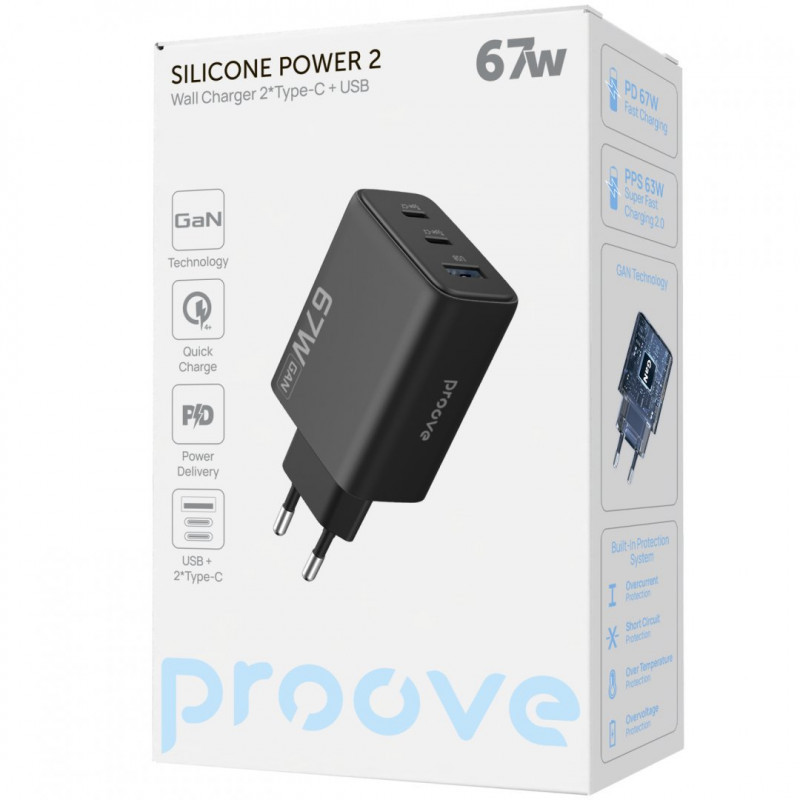 Мережевий зарядний пристрій Proove Silicone Power 2 67W (2 Type-C + USB) Black (WCSP26120001)