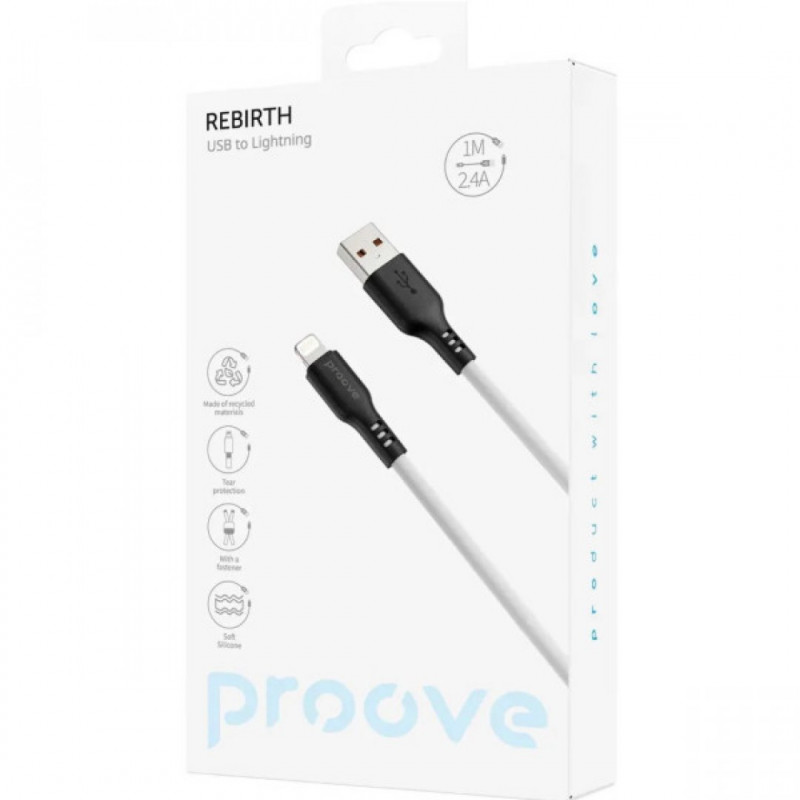 Кабель Proove Rebirth USB to Lightning 2.4A (1m) White/Black (CCRE60001102)