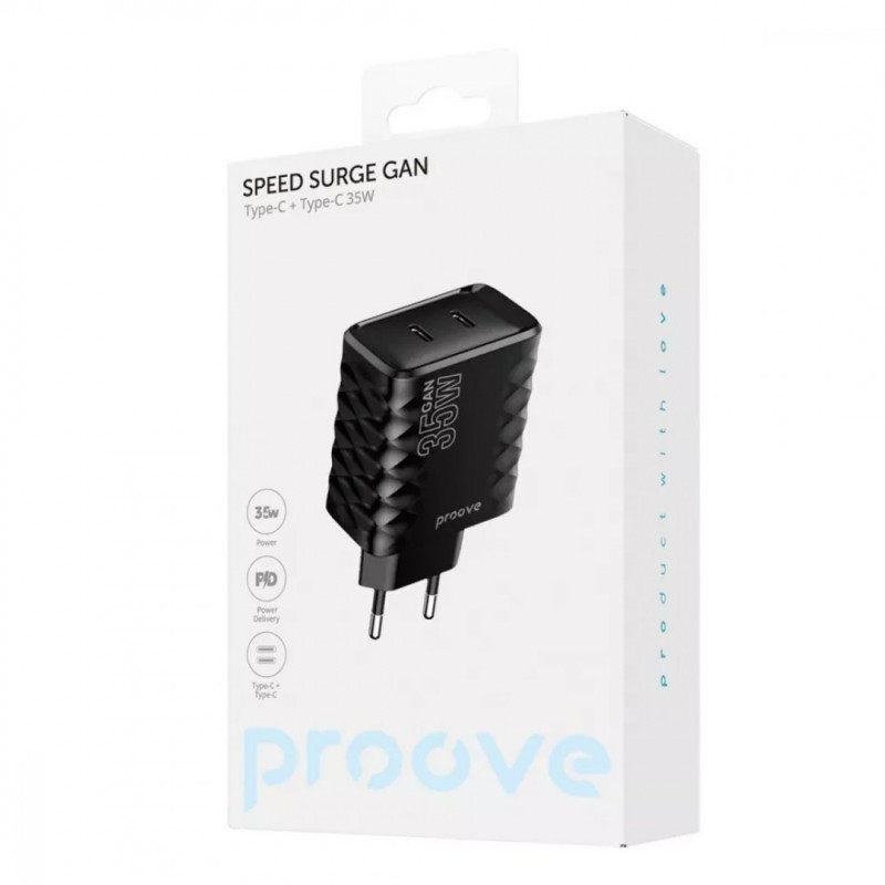 Мережевий зарядний пристрій Proove Speed Surge GaN 35W Type-C + Type-C Black (WCSS30020001)