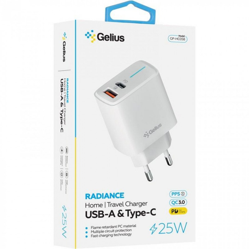 Мережевий зарядний пристрій Gelius Radiance Type-C+USB 25W White + кабель Type-C (GP-HC058)