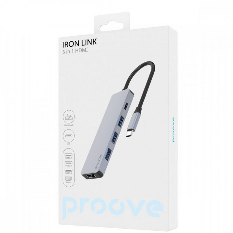 Type-C хаб Proove Iron Link 5 in 1 (3*USB3.0 + Type C + HDMI) Silver (HBIL00010604)