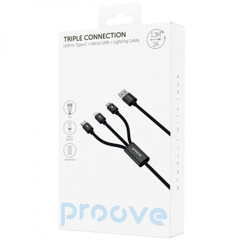 Кабель Proove Triple Connection 3 in 1 Type-C + Micro USB + Lightning (1.3m) Black (CCTC15001501)