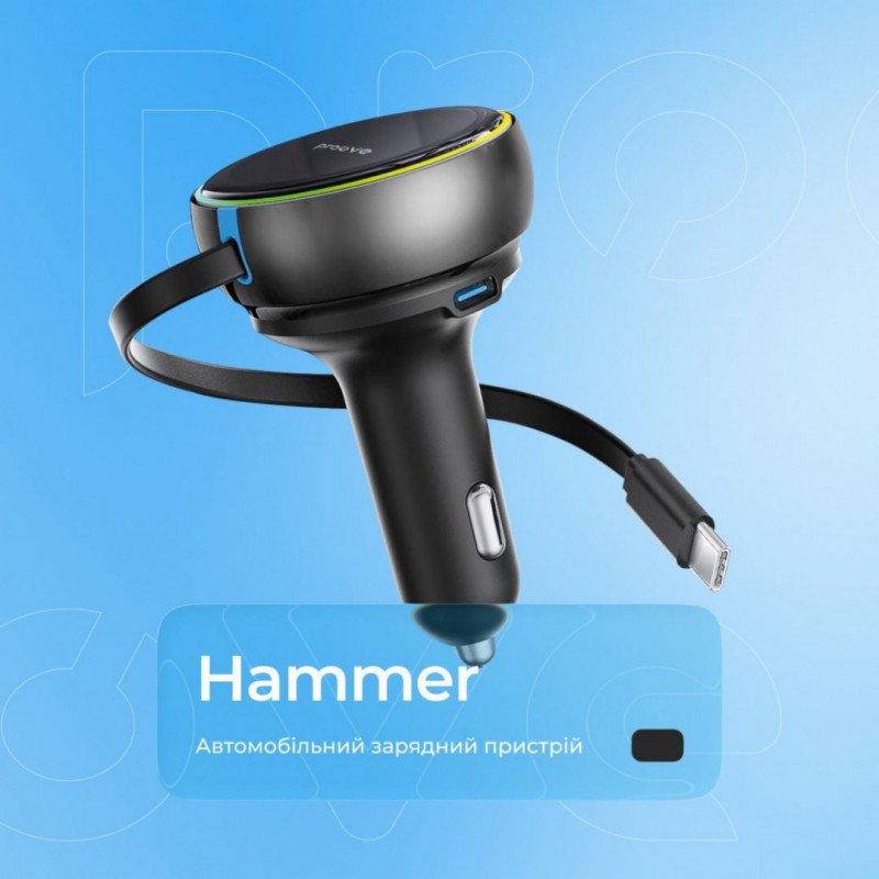 Автомобильное зарядное устройство Proove Hammer 81W (Type-C + USB) + Retractable Type-C Cable Black (CCHR81110001)