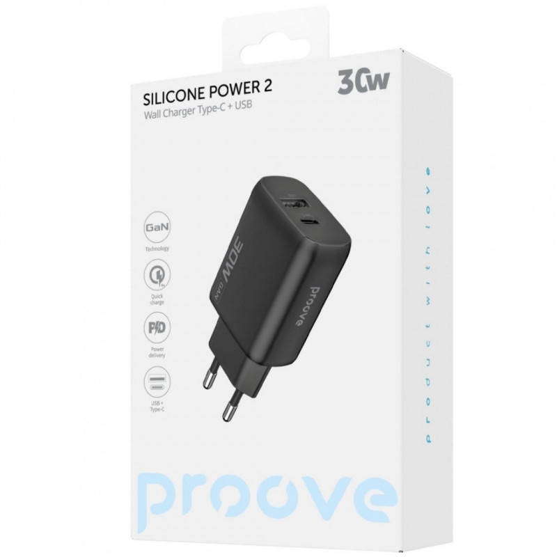 Мережевий зарядний пристрій Proove Silicone Power 2 30W (Type-C + USB) Black (WCSP23110001)