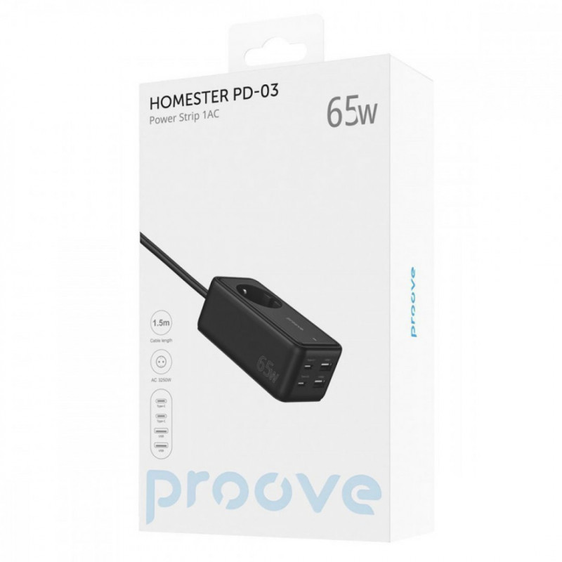 Мережевий фільтр Proove Power Strip Homester PD-03 1AC 65W (2 Type-C + 2USB) Black (PSP165220001)