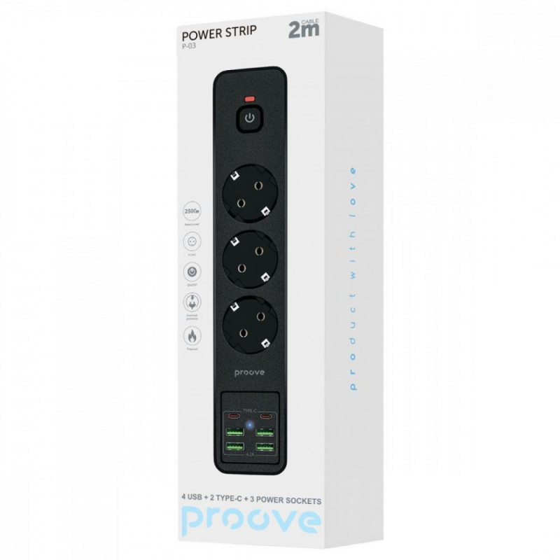 Мережевий фільтр Proove Power Strip P-03 (3 розетки + 4 USB + 2 Type-C) 2М Black (PSP342420001)