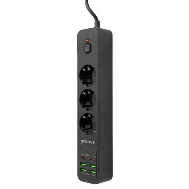Мережевий фільтр Proove Power Strip P-03 (3 розетки + 4 USB + 2 Type-C) 2М Black (PSP342420001)