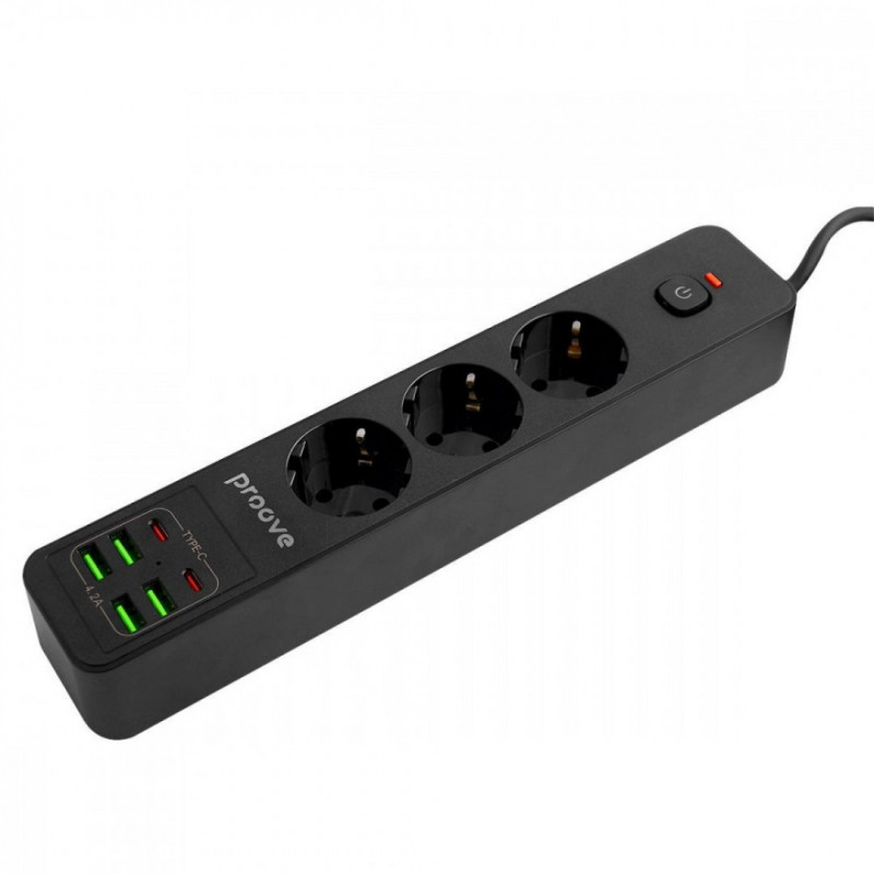 Мережевий фільтр Proove Power Strip P-03 (3 розетки + 4 USB + 2 Type-C) 2М Black (PSP342420001)