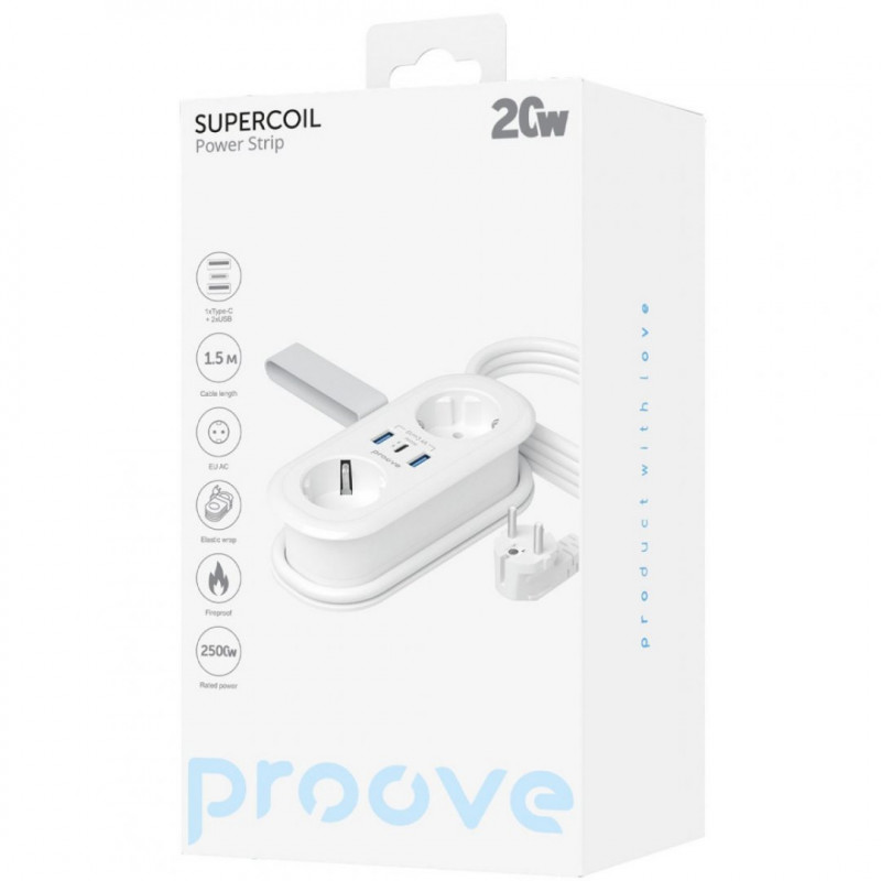 Мережевий фільтр Proove Supercoil 20W (2xAC + Type-C + 2xSB) 1.5m White (PSPS25002102)