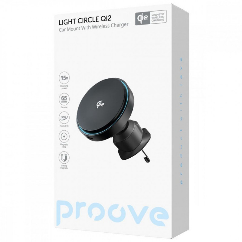Автомобильный держатель с беспроводной зарядкой Proove Light Circle Qi2 15W Black (WHLC15010002)