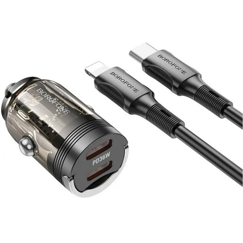 Автомобильное зарядное устройство Borofone BZ29B PD36W + Type-C to Lightning Transparent