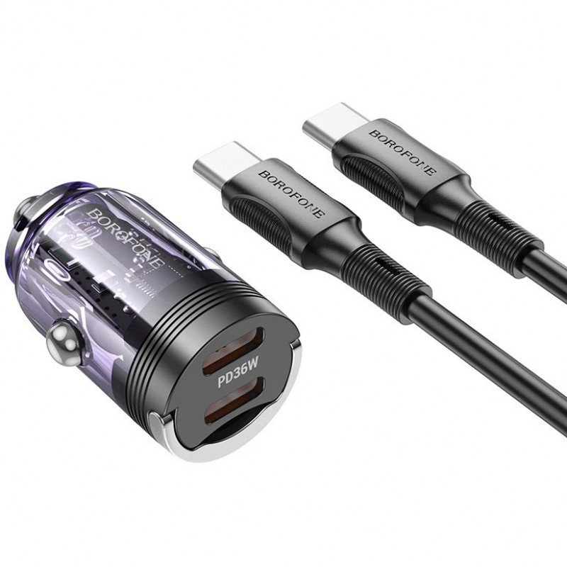 Автомобильное зарядное устройство Borofone BZ29B PD36W + Type-C to Type-C Transparent Purple