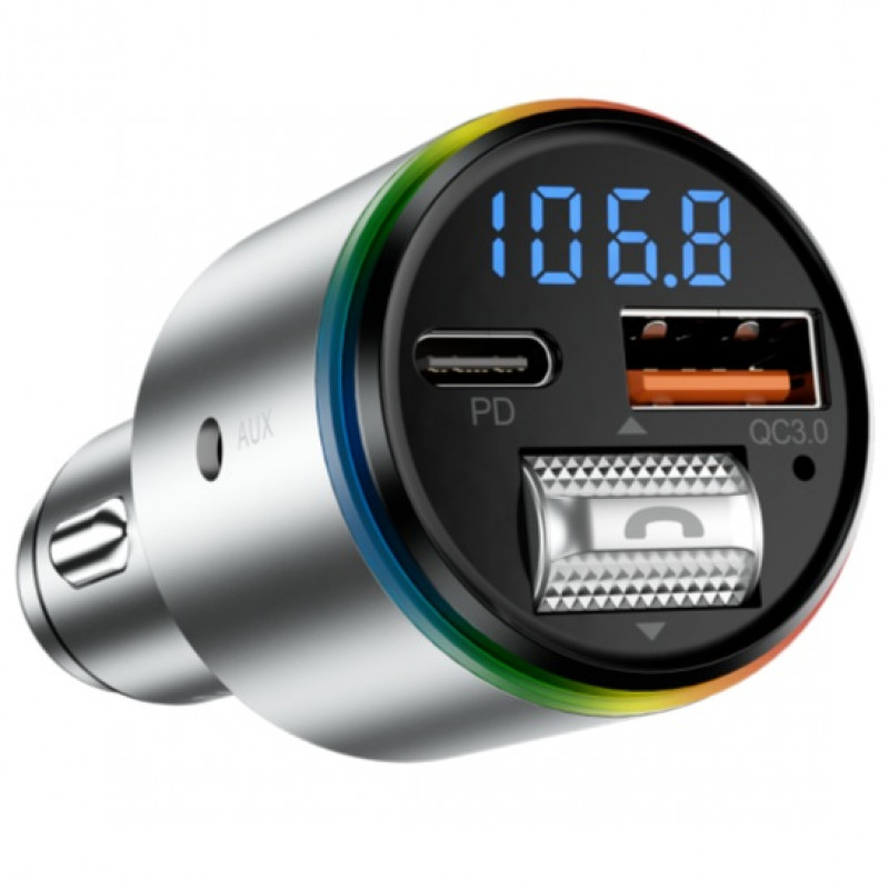 Автомобільний зарядний пристрій Proove FM Launcher Power Drive 30W (PD+QC3.0) Type-C+USB+AUX Silver
